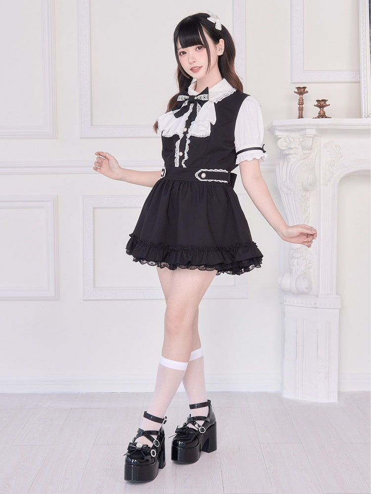 Short Sleeve Set: Shorts with Back and Straps Two-Piece Black Dress Matching Self-Tie Jirai Kei