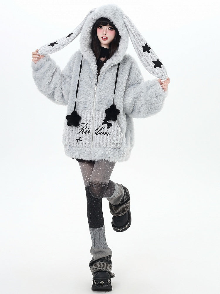 Jacket Hoodie Ear Accents Off-white/Dusty Blue Hood Kawaii Daily - Starry Stellar Bunny Striped