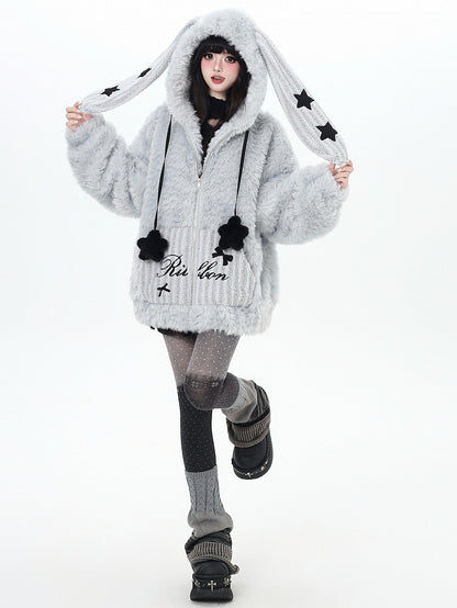 Jacket Hoodie Ear Accents Off-white/Dusty Blue Hood Kawaii Daily - Starry Stellar Bunny Striped