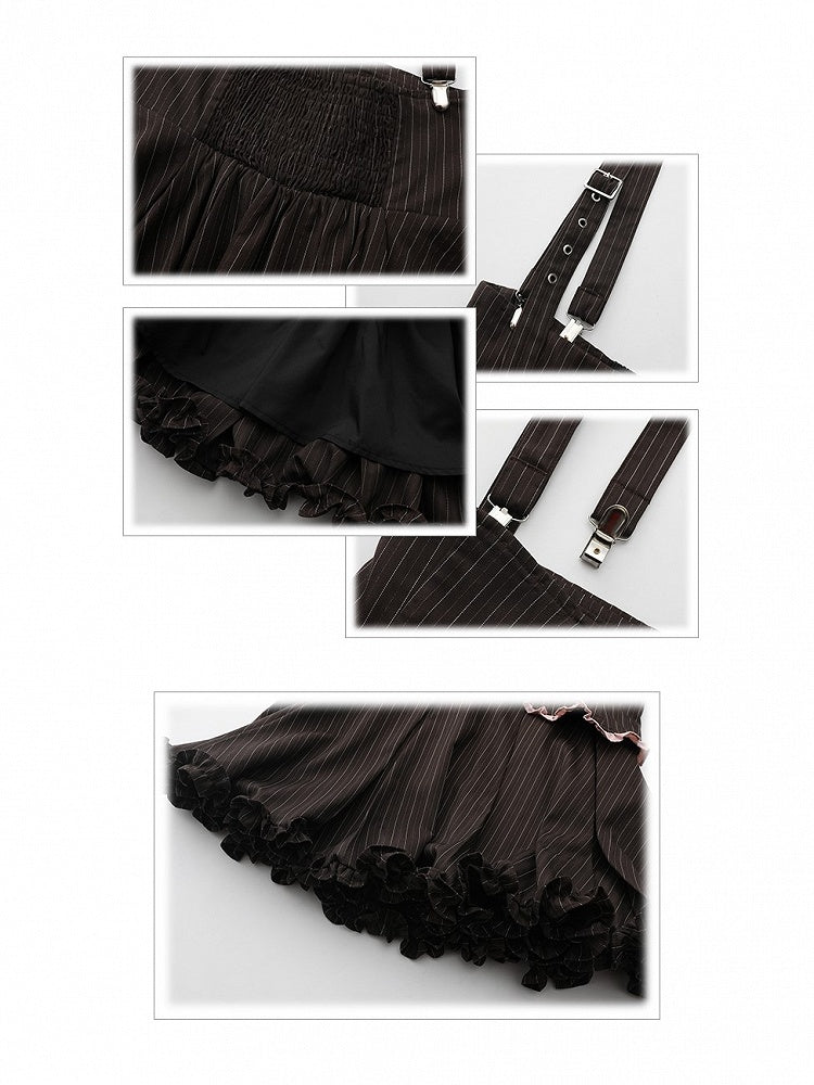 Elastic Size with Set: Straps Trim Black Striped Waist Skirt Adjustable Overall Ruffled Bloomers Plus