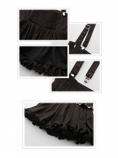 Elastic Size with Set: Straps Trim Black Striped Waist Skirt Adjustable Overall Ruffled Bloomers Plus
