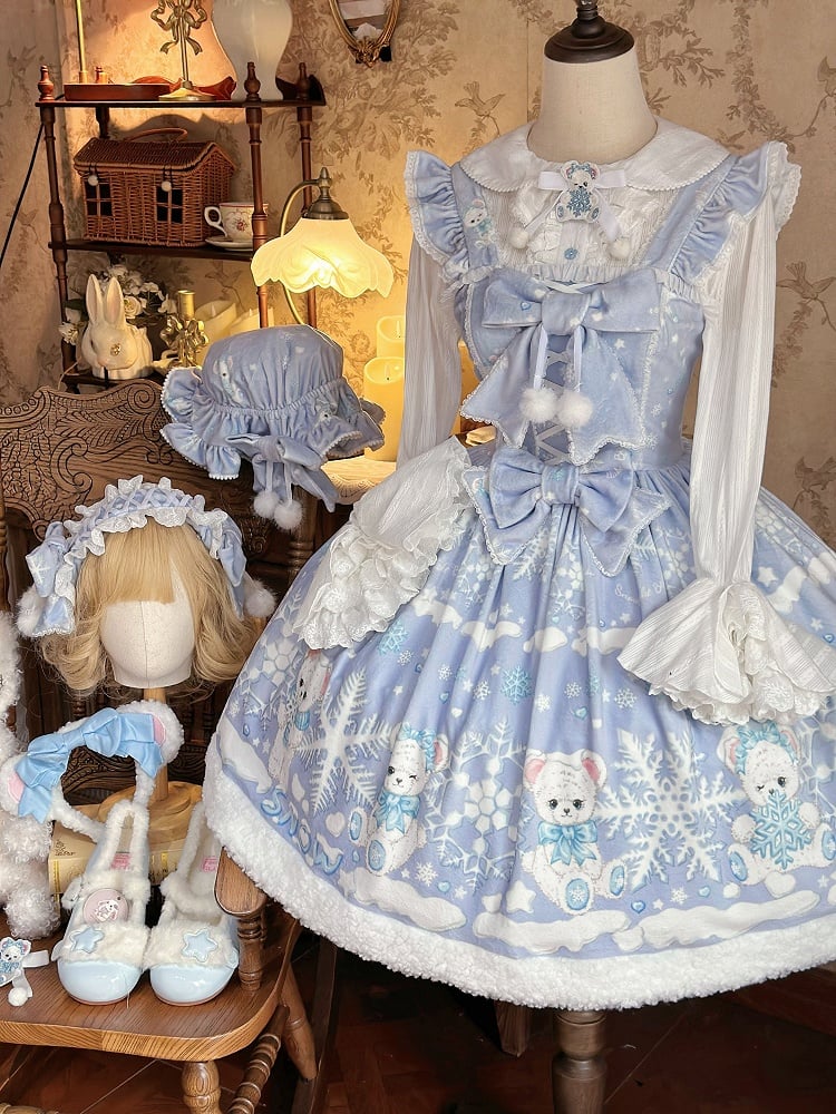 Winter Sweet Bear Purple Snowflake Lolita with Dress and Light Print