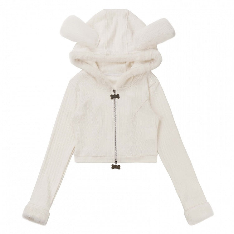 Strickjacke mit Welpenohren und Kapuze, weißer Plüsch
