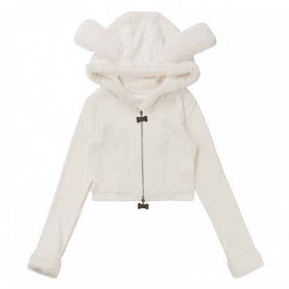 カーディガン パピーイヤー フード付き ホワイト プラッシュ