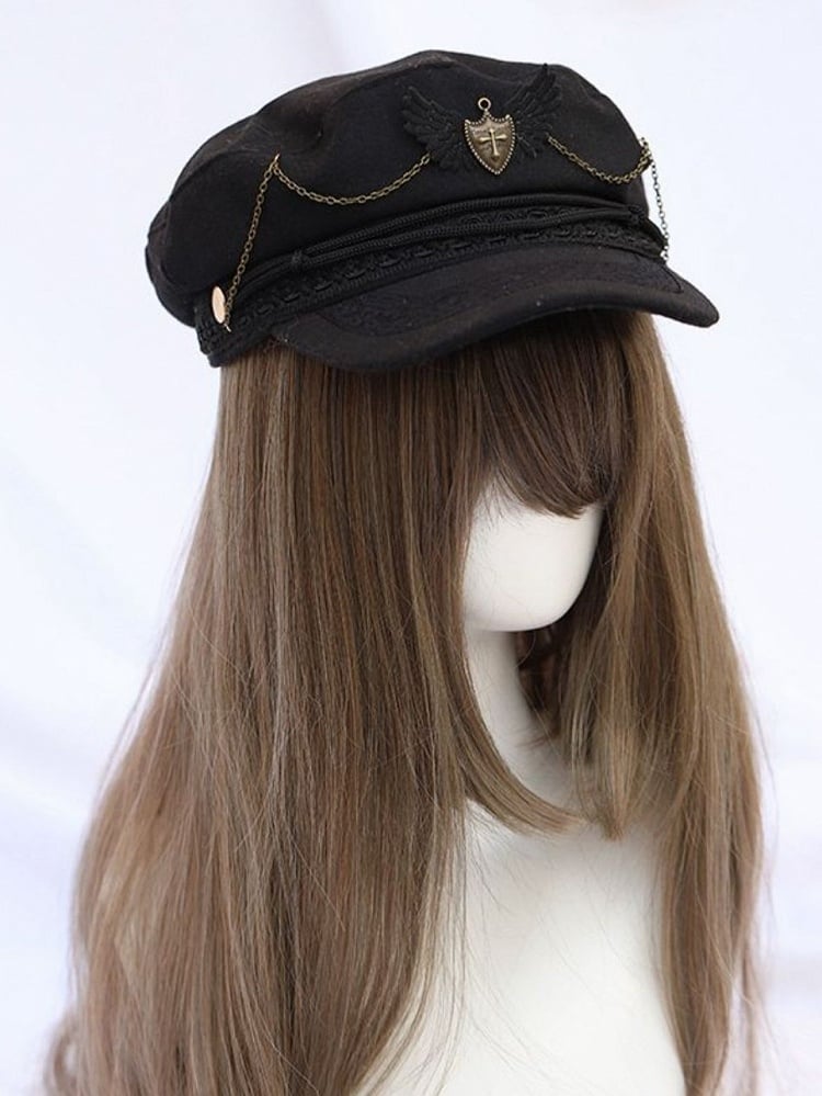 Badge Beret Military Chain Lolita Black