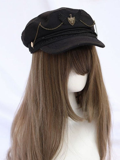 Badge Beret Military Chain Lolita Black