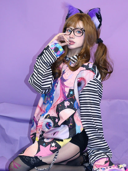 シャツ カワイイ ブラック プリント グロ ストライプ アイズ 袖 オーバーサイズ