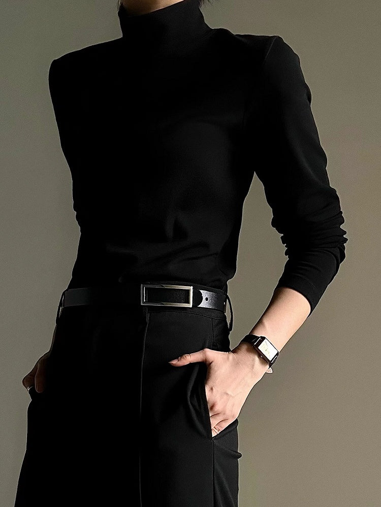 Black with Sleeve Neck Top Slim-fitting Soft Mock Prince Long Fleece Lining