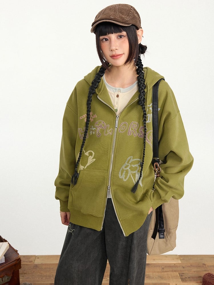 Print Zip Olive Hoodie Placket Kawaii Hood - Drawstring Green Letter Two-way