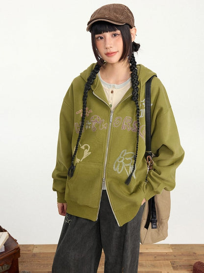 Print Zip Olive Hoodie Placket Kawaii Hood - Drawstring Green Letter Two-way