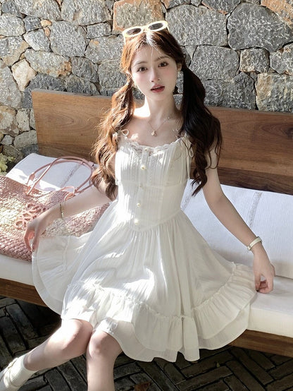White Lace Detail Summer Holiday Dress - Qchiwawameme