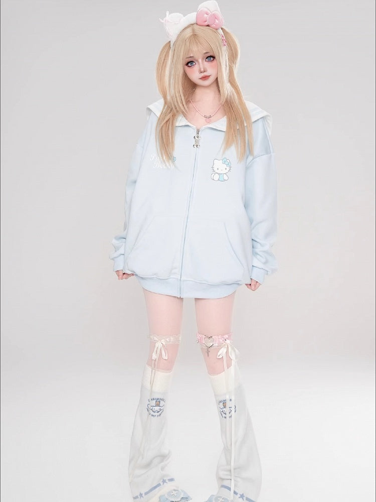 ピンク/ライトブルー/グレー/ブラック キティプリント セーラーカラー ジップ開閉 厚手スウェットシャツ