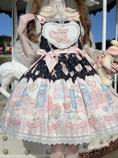 Hase Plüschtier Süßer Teddy Lolita und Kleid Schwarzer Print Overall