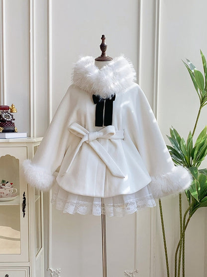 Detachable Lining Coat Fleece Cape with Fur Winter Lolita Collar White