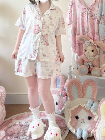 White Sweet Bear Print Short Sleeve Top and Shorts Sleep Set - Versatile girl