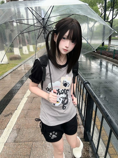 Polka Dot Kawaii Print T-Shirt Wear Kitten Gray Black Design and Colorblock Daily -