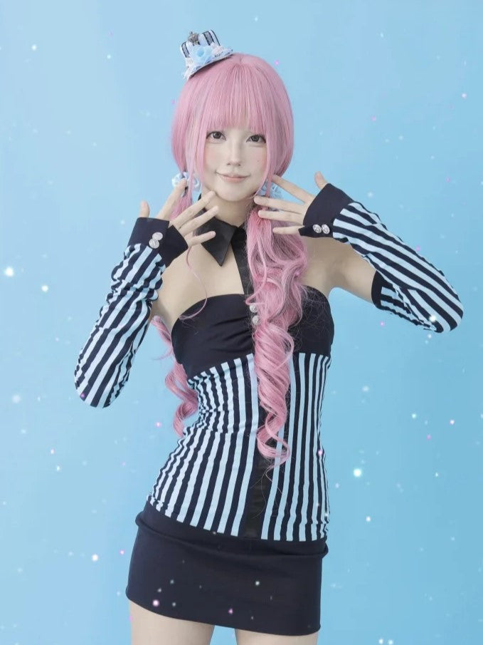 Striped Strapless Bodycon Dress with Adjustable Length and Detachable Sleeves Hime Gyaru Blue/Pink