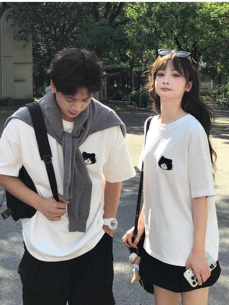 アップリケ ルーズ ホワイト ラウンドネック キティ 刺繍 Tシャツ