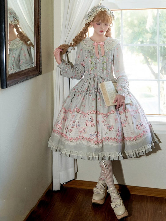 Green Floral and Kitty Spring Long Sleeves Pink House Style Sweet Lolita Dress