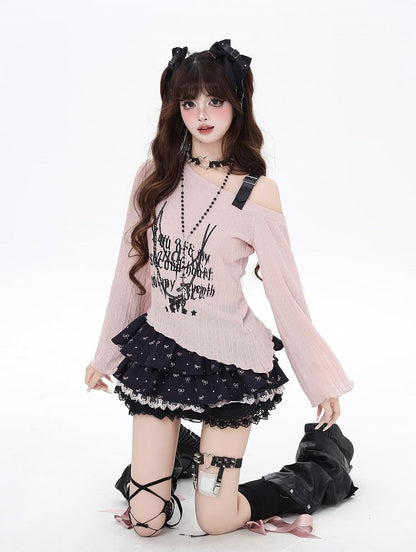 Top Pink/Schwarz PU-Riemen Grafikschnalle Asymmetrischer Ausschnitt