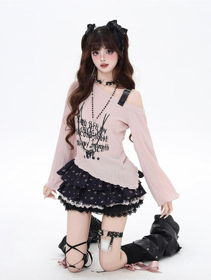 Top Pink/Black Strap Graphic Asymmetrical Neckline PU Buckle