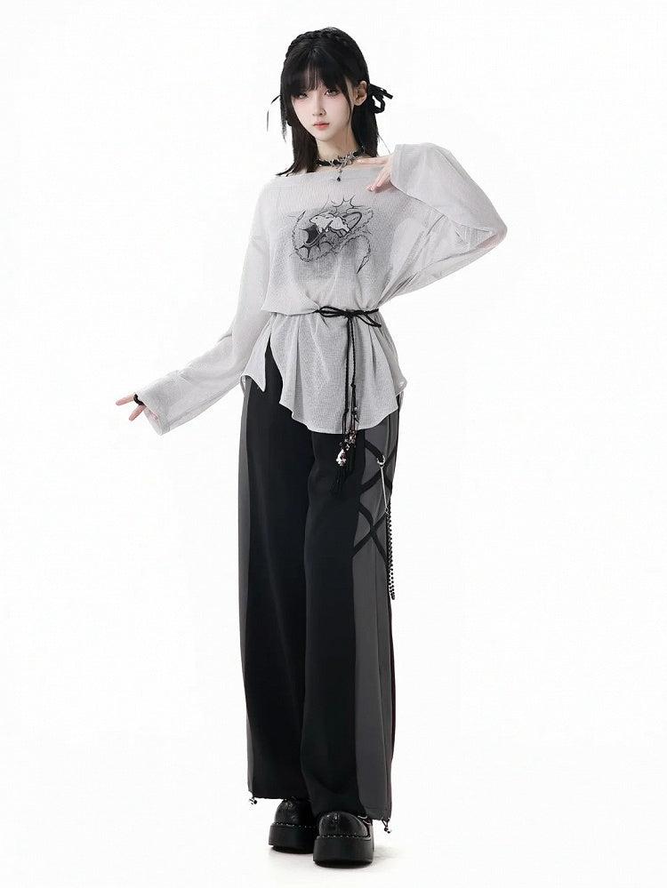 ストラップバニープリントカバーアップ+キャミトップ+セルフタイグレーオフショルダーピースの3点セット