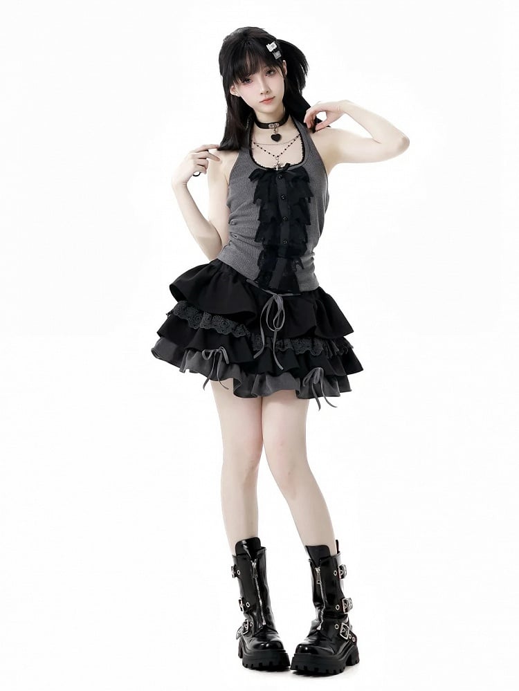 Schwarz-grauer glamouröser Stufenrock mit Schnürdetail