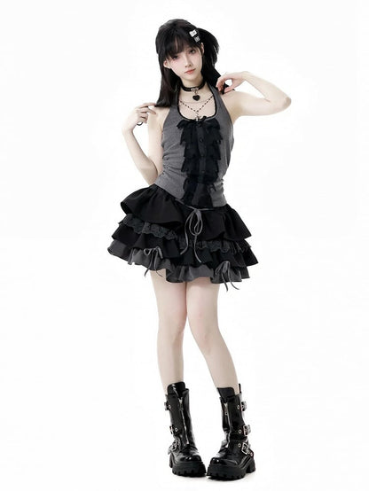 Schwarz-grauer glamouröser Stufenrock mit Schnürdetail