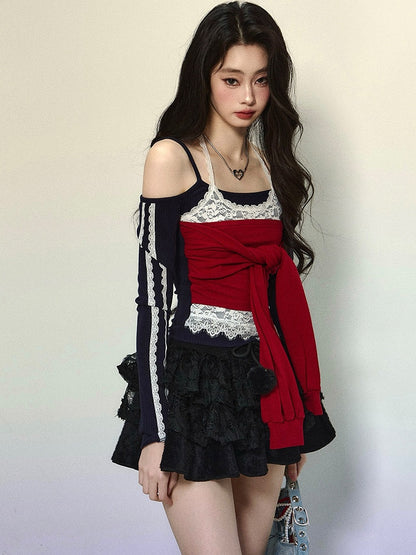 黒と赤の大胆なネクタイアクセントのホルターネック長袖トップス