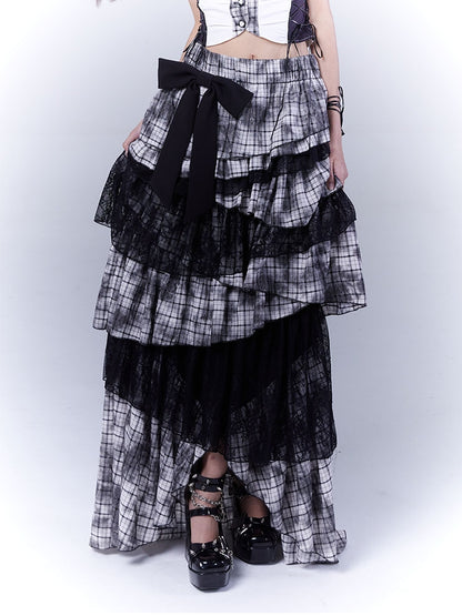 Regular/Long Version Asymmetrical Tiered Plaid Skirt Black Punk