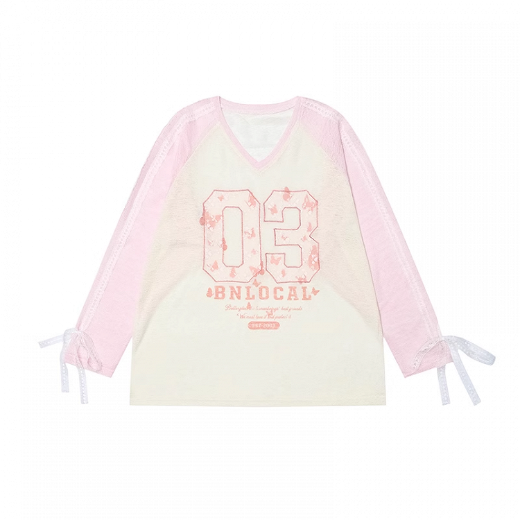 袖口ナンバープリント ブロケットコア セミシースルーカバーアップ ピンク Vネック 蝶結び