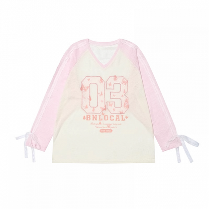 袖口ナンバープリント ブロケットコア セミシースルーカバーアップ ピンク Vネック 蝶結び