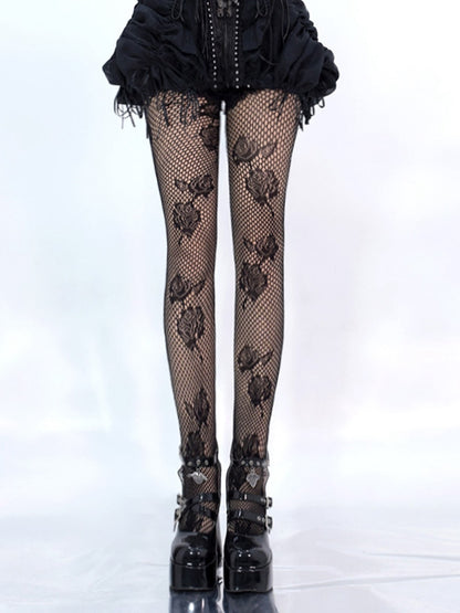 ブラックゴシックロゼット花柄網タイツ