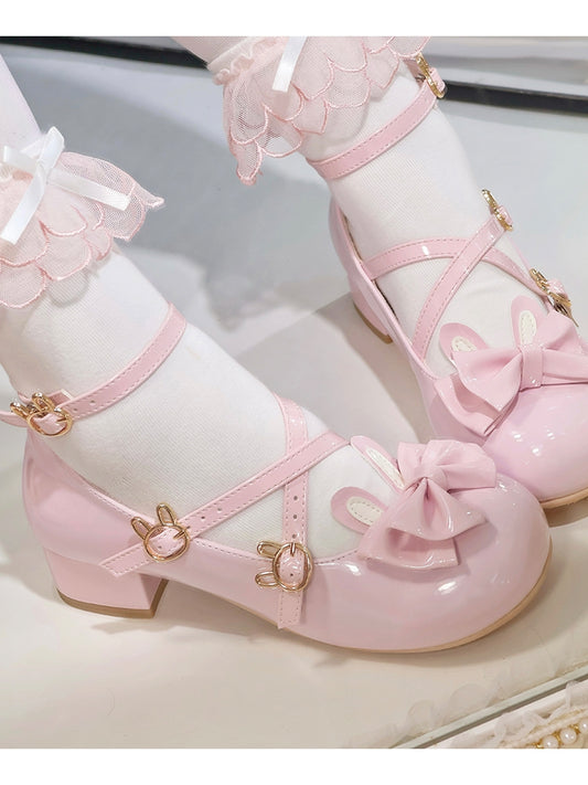 Sweet Toe Leather for with Lolita Round - PU Pink Mary Bow Janes Low-heel