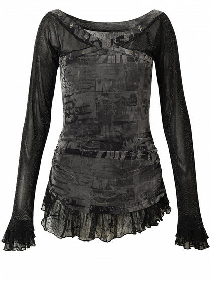 トリムスターレースウェイストランドパンクスタッド装飾ブラックグレー/ベージュTシャツと