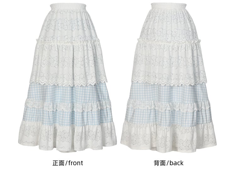 Blue and White High-Waisted Lace Patchwork Plaid Mori Kei Skirt