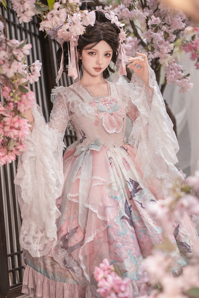 Pink Chinoiserie Lolita High Waist JSK Dress with Swallow and Peach Blossom Print - Dream Magic Box