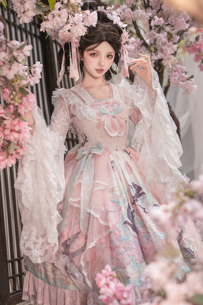 Pink Chinoiserie Lolita High Waist JSK Dress with Swallow and Peach Blossom Print - Dream Magic Box