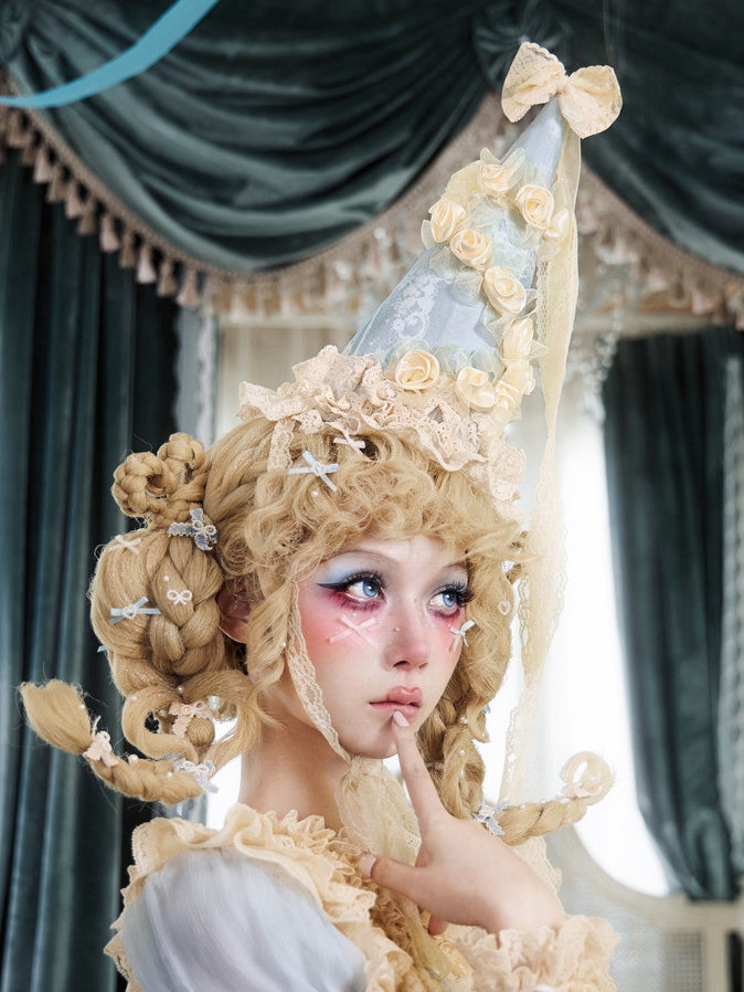 Apricot Satin Rose & Lace Bow Cone Hat with Blue Print Accents - Blood Supply