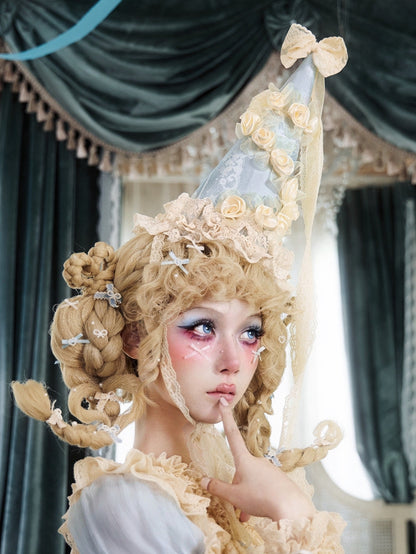 Apricot Satin Rose & Lace Bow Cone Hat with Blue Print Accents - Blood Supply