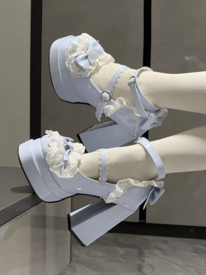 Light Sweet PU Heels Lolita Circle High Buckle with Blue