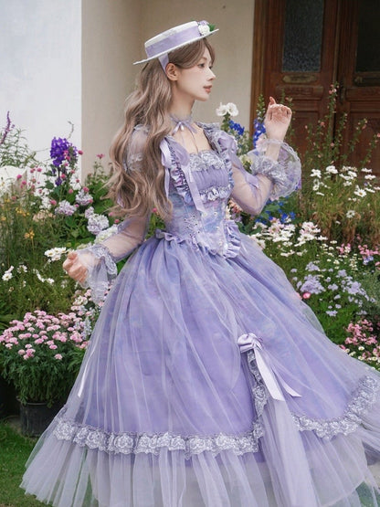 Neckline Purple Square Painting Skirt Set OP Full Elegant Oil Classic Lolita Print