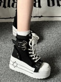 Schwarze Stiefel Bullhorn Plateau weiße Punksohle Schnalle - mit Canvas