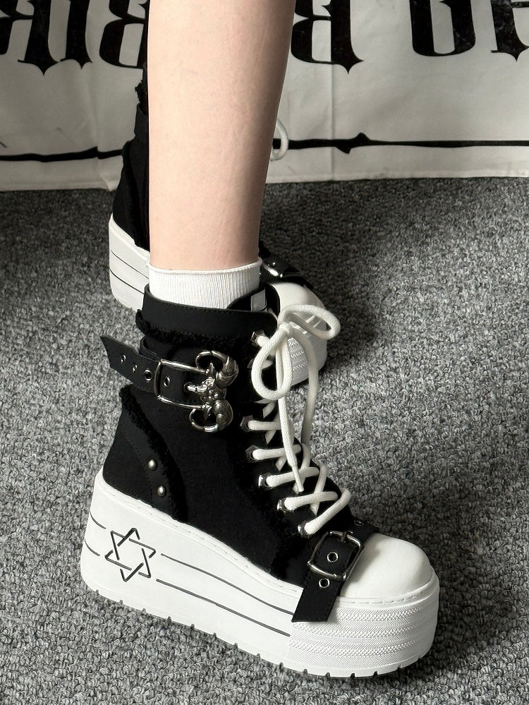 Black Punk Canvas Platform Boots with Bullhorn Buckle Hexagram Print Lace-Up Size 35 - GURURU