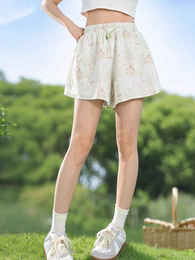 Drawstring Waist Wide-leg Shorts Adorable Bunny Print Green