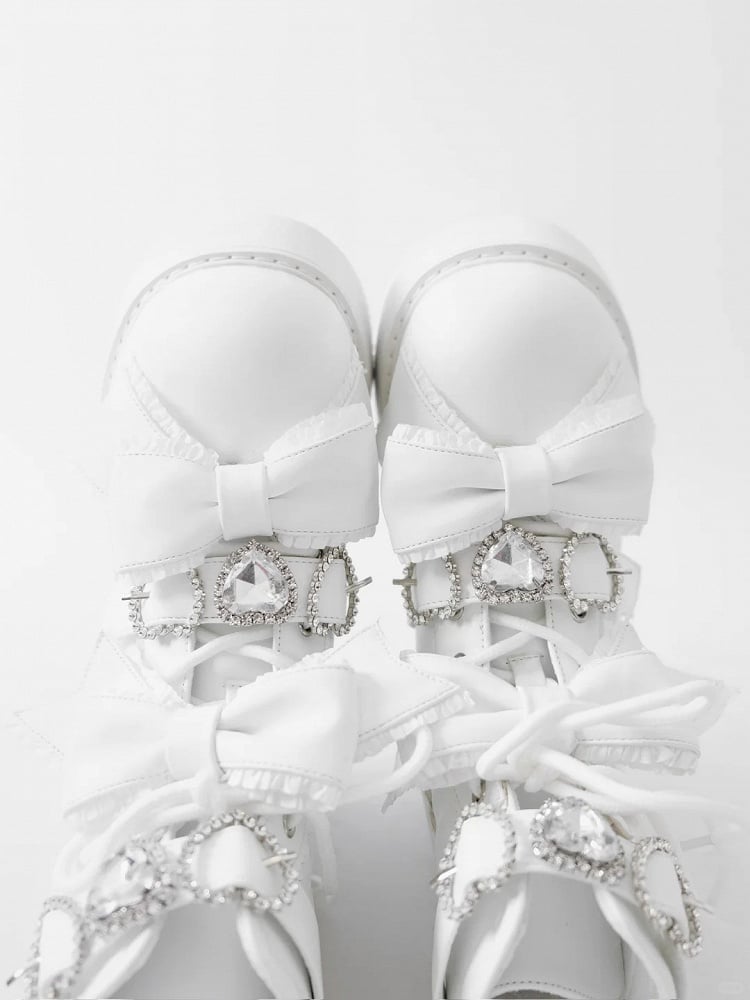 Ankle Lace-up Matte and White Jirai in Kei Buckles Sweetheart Boots with Rhinestones