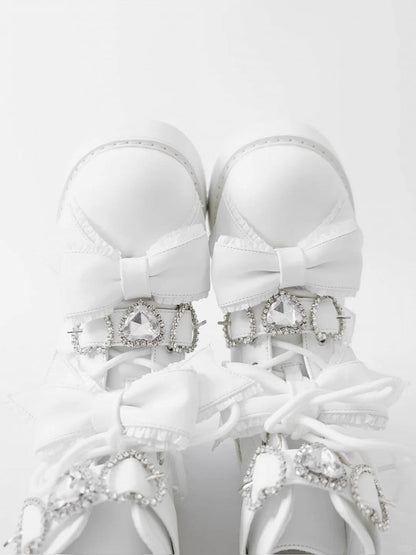Ankle Lace-up Matte and White Jirai in Kei Buckles Sweetheart Boots with Rhinestones