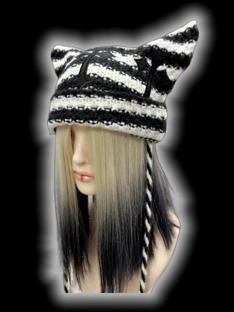 Black and White Cross Appliques Cat Ears Striped Beanie