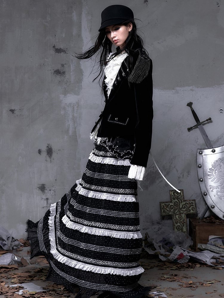 Polka Tulle Gothic Waistband with Hem Striped Studded A-Line + Length Skirt Dots Floor Black