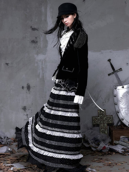 Polka Tulle Gothic Waistband with Hem Striped Studded A-Line + Length Skirt Dots Floor Black